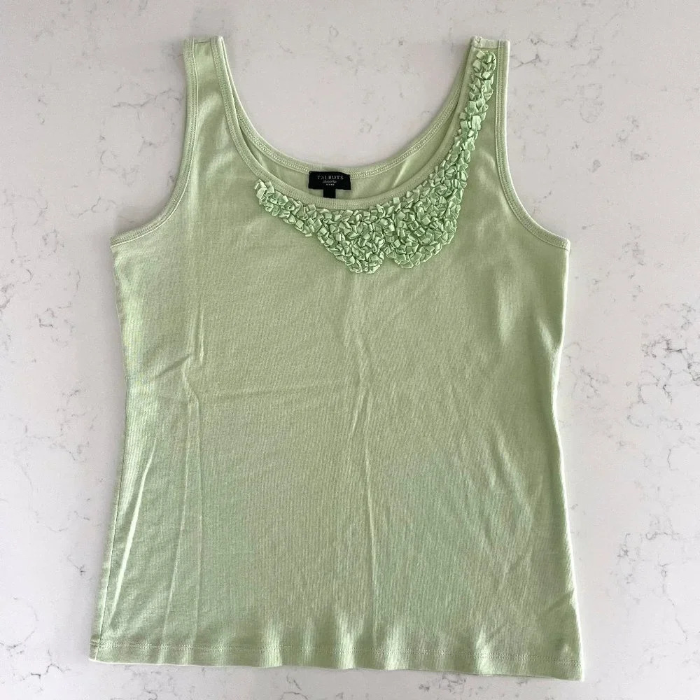 Talbots Petites 100% Pima Cotton Tank Top w Neck Design Element Mint Green Sz MP